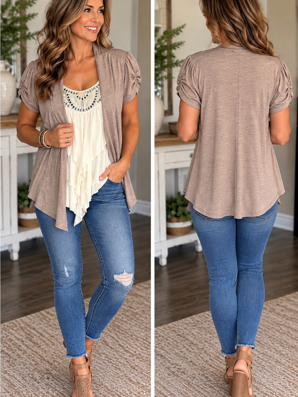 HeartSoul Taupe Open-Front Draped Cardigan with Ruched Short Sleeves
